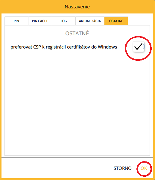 Oznacenie Preferovať CSP k registrácii certifikátov do Windows